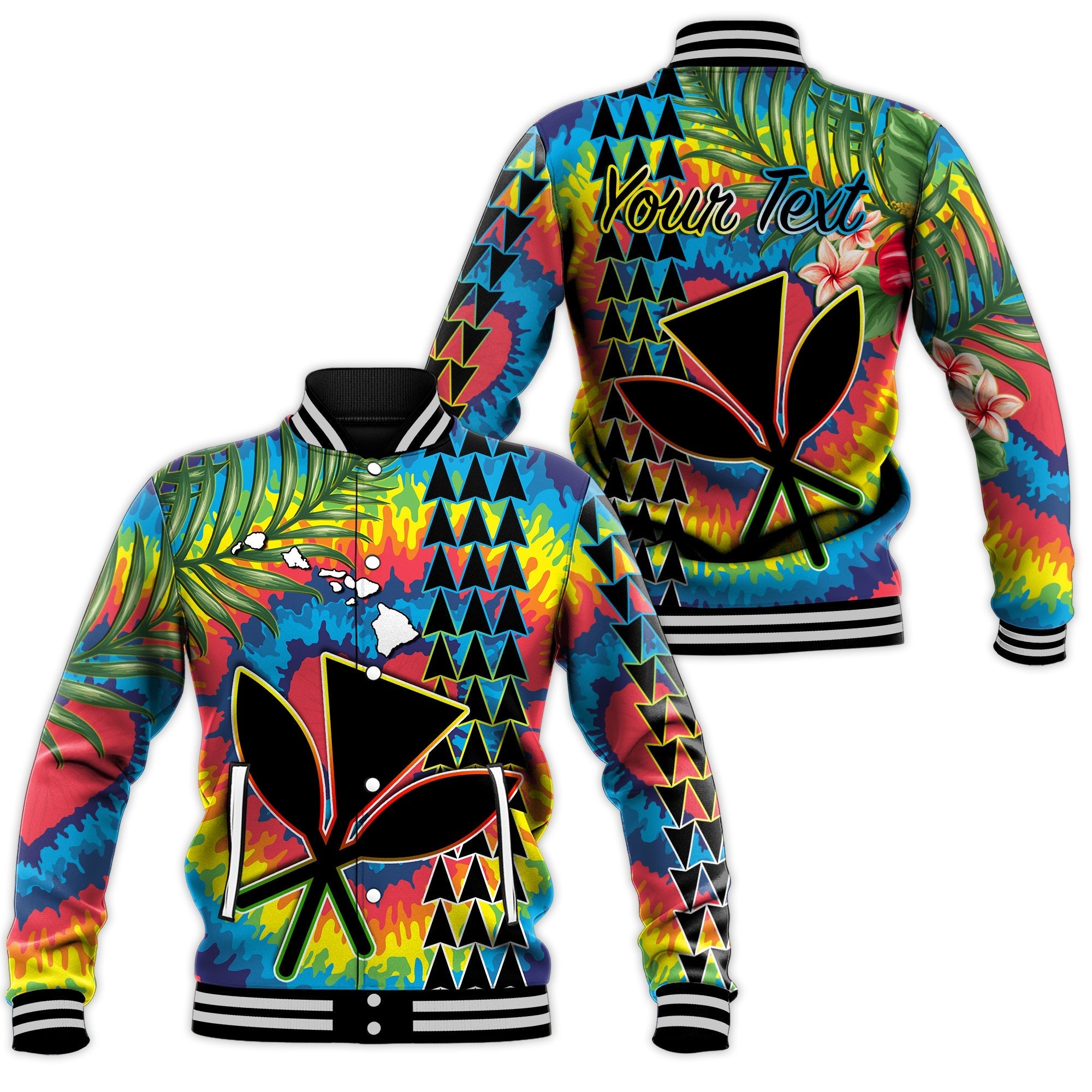 (Custom Personalised) Hawaii Rainbow Tie Dye Baseball Jacket Flowers Polynesian Hawaiian Tribal LT13 - Wonder Print Shop