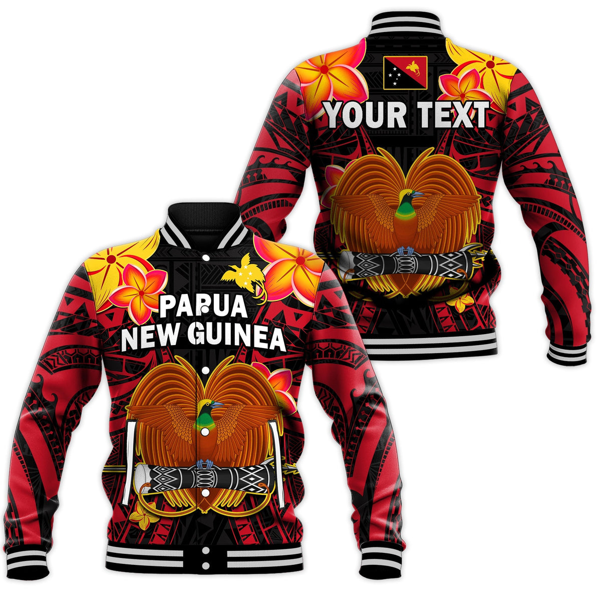 Black baseball jacket, red/orange floral and Papua New Guinea bird graphic, front & back
