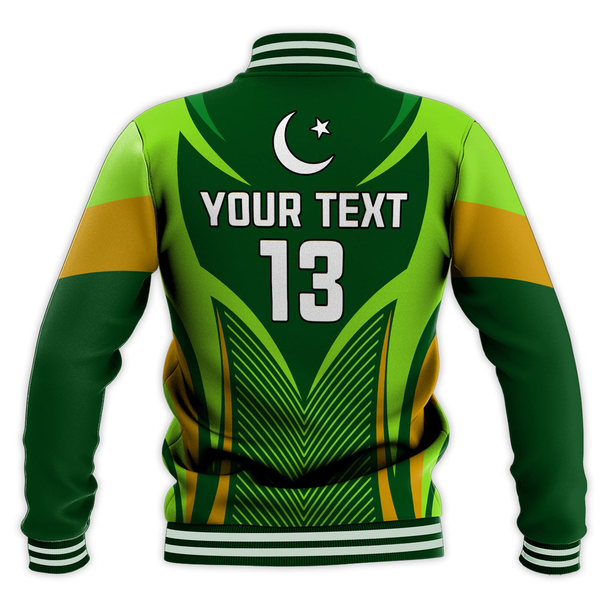 Green back view baseball jacket with 'YOUR TEXT' and number 13, striped rib hem