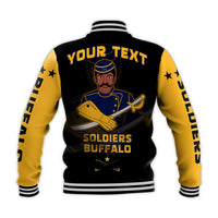 Baseball jacket black-gold, back captain emblem under 'YOUR TEXT' and Soldiers Buffalo