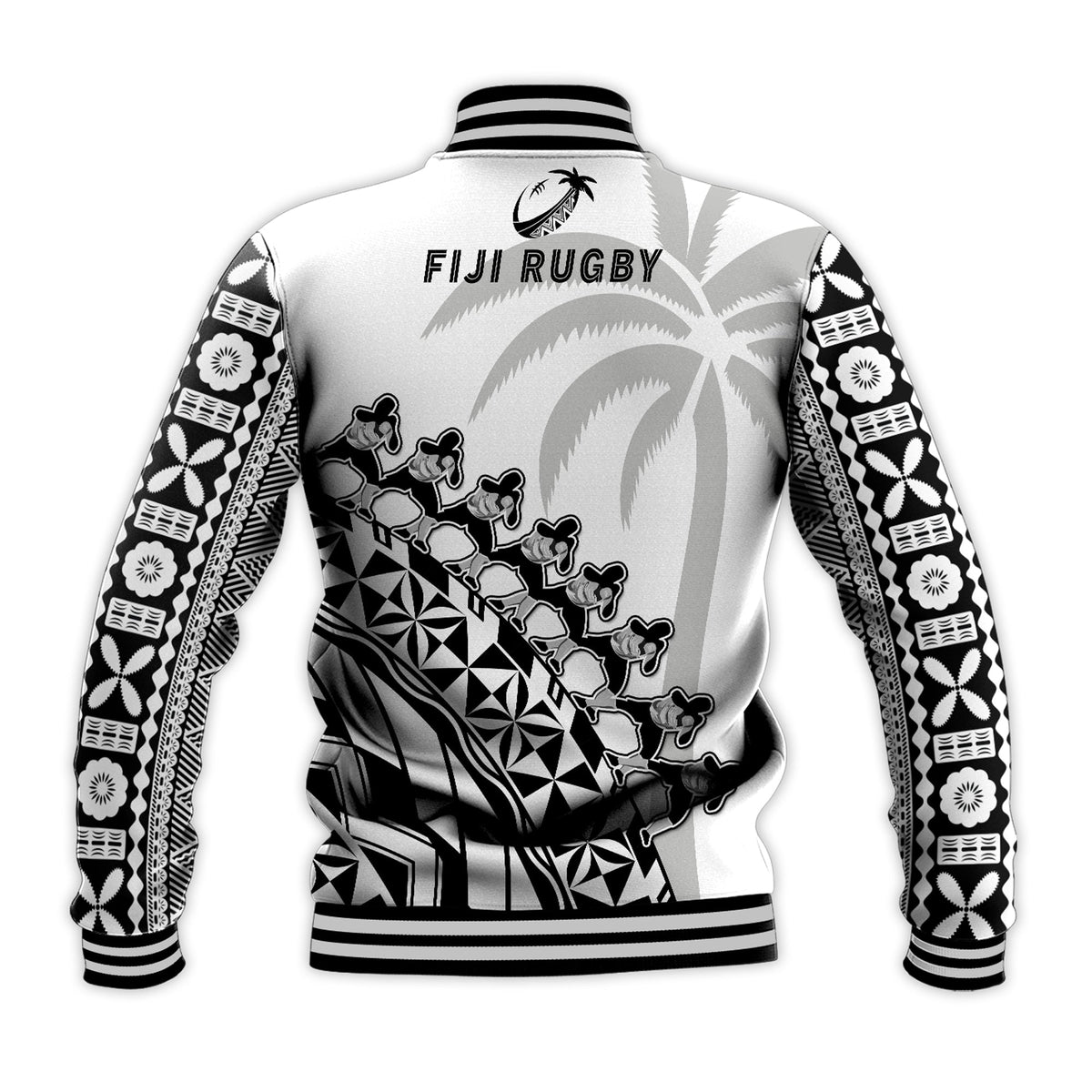 White unisex baseball rugby jacket, black striped collar/cuffs, Fiji Rugby back graphic