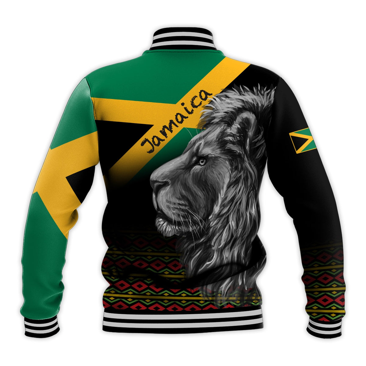 Back view black baseball jacket with lion graphic and 'Jamaica' text, striped rib hem