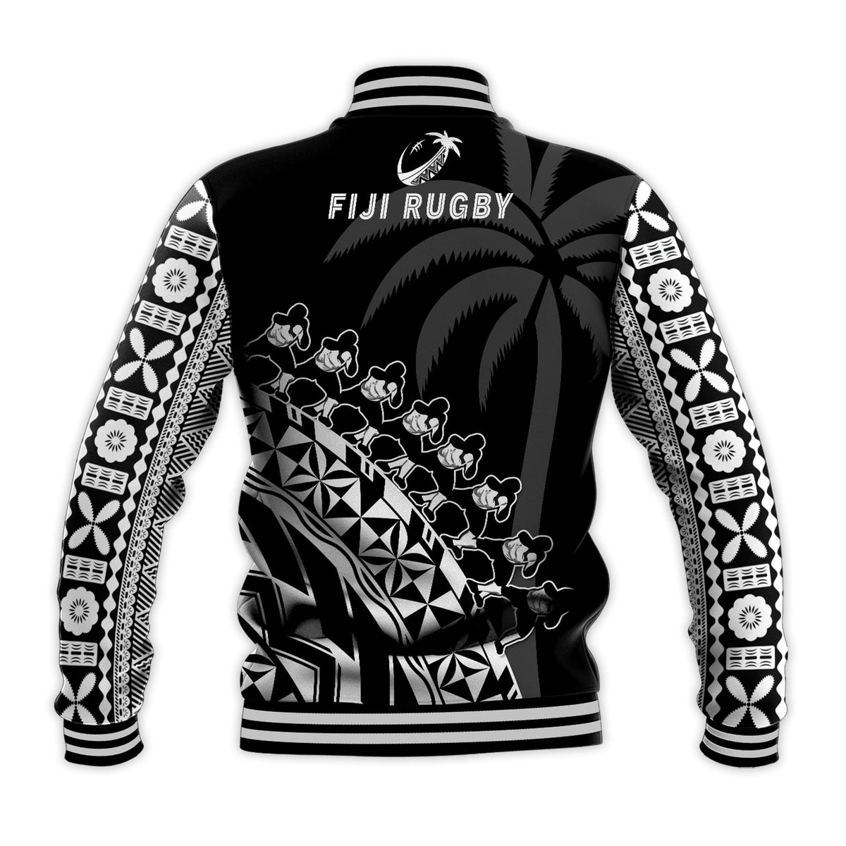 Black rugby baseball jacket back view with white Fiji Rugby text and palm-tapa pattern