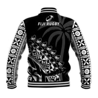 Black rugby baseball jacket back view with white Fiji Rugby text and palm-tapa pattern