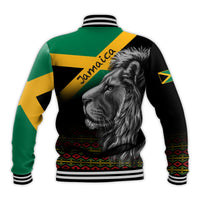 Back view black baseball jacket with lion graphic and 'Jamaica' text, striped rib hem