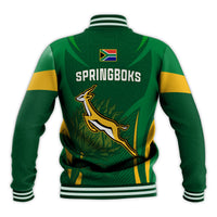 Green rugby baseball jacket back, 'SPRINGBOKS' print with flag and springbok logo.
