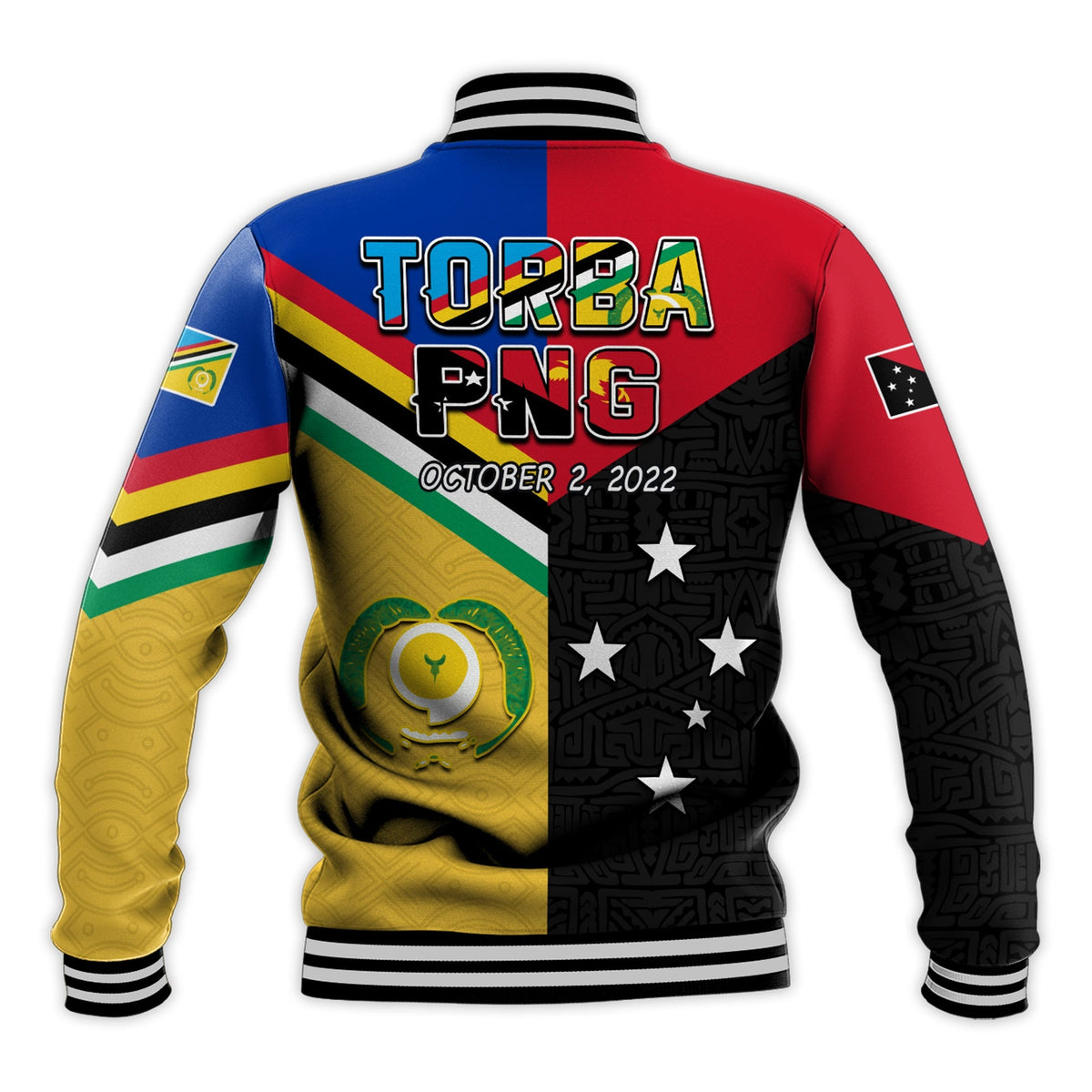 Back graphic baseball jacket with TORBA PNG text, stars, and date October 2, 2022