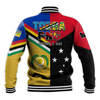 Back graphic baseball jacket with TORBA PNG text, stars, and date October 2, 2022