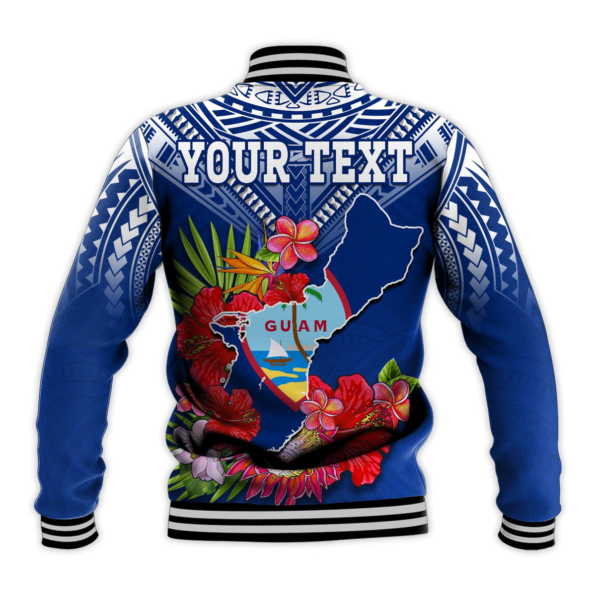 Blue unisex baseball jacket back with YOUR TEXT and Guam floral map artwork