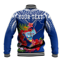 Blue unisex baseball jacket back with YOUR TEXT and Guam floral map artwork