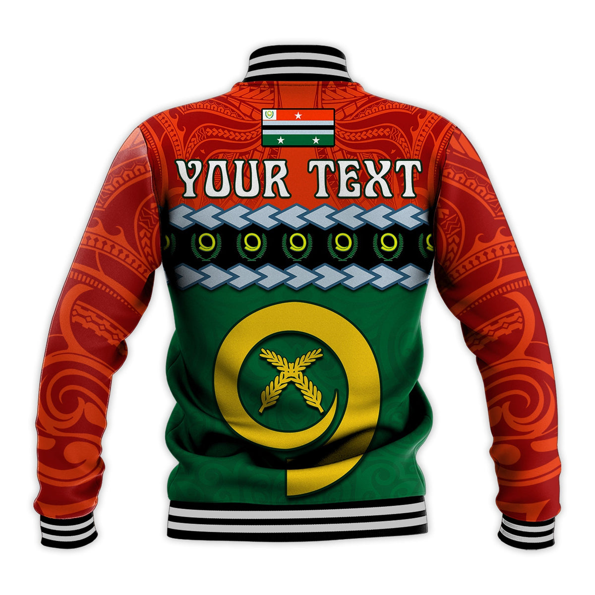 Green baseball jacket back with red patterned sleeves, crest emblem, and striped ribbed collar
