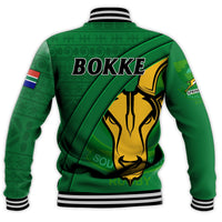 Green rugby baseball jacket back view with BOKKE text and springbok graphic