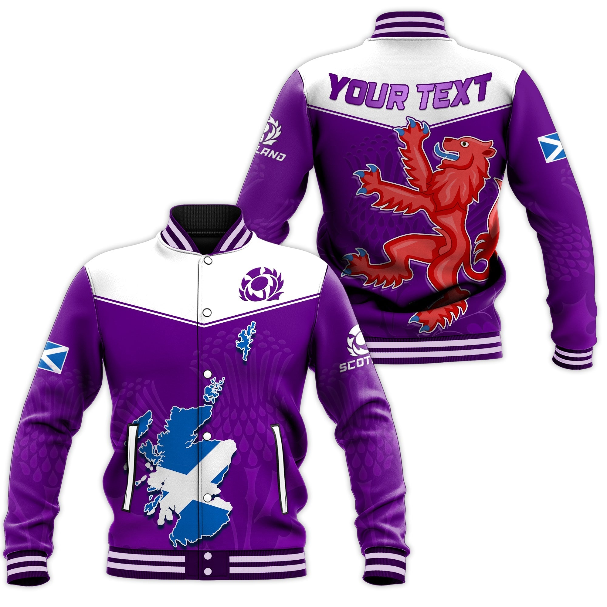 (Custom Personalised) Scottish Rugby Baseball Jacket Map Of Scotland Thistle Purple Version - Wonder Print Shop