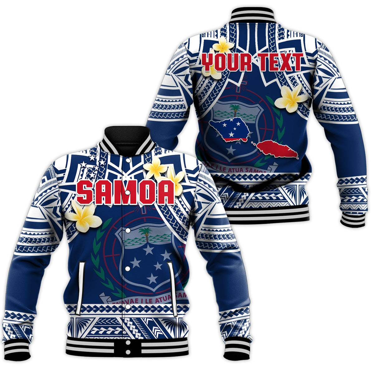 Blue baseball jacket with Samoa text, Polynesian stripe sleeves, plumeria flowers, snap front