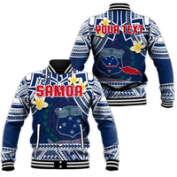 Blue baseball jacket with Samoa text, Polynesian stripe sleeves, plumeria flowers, snap front