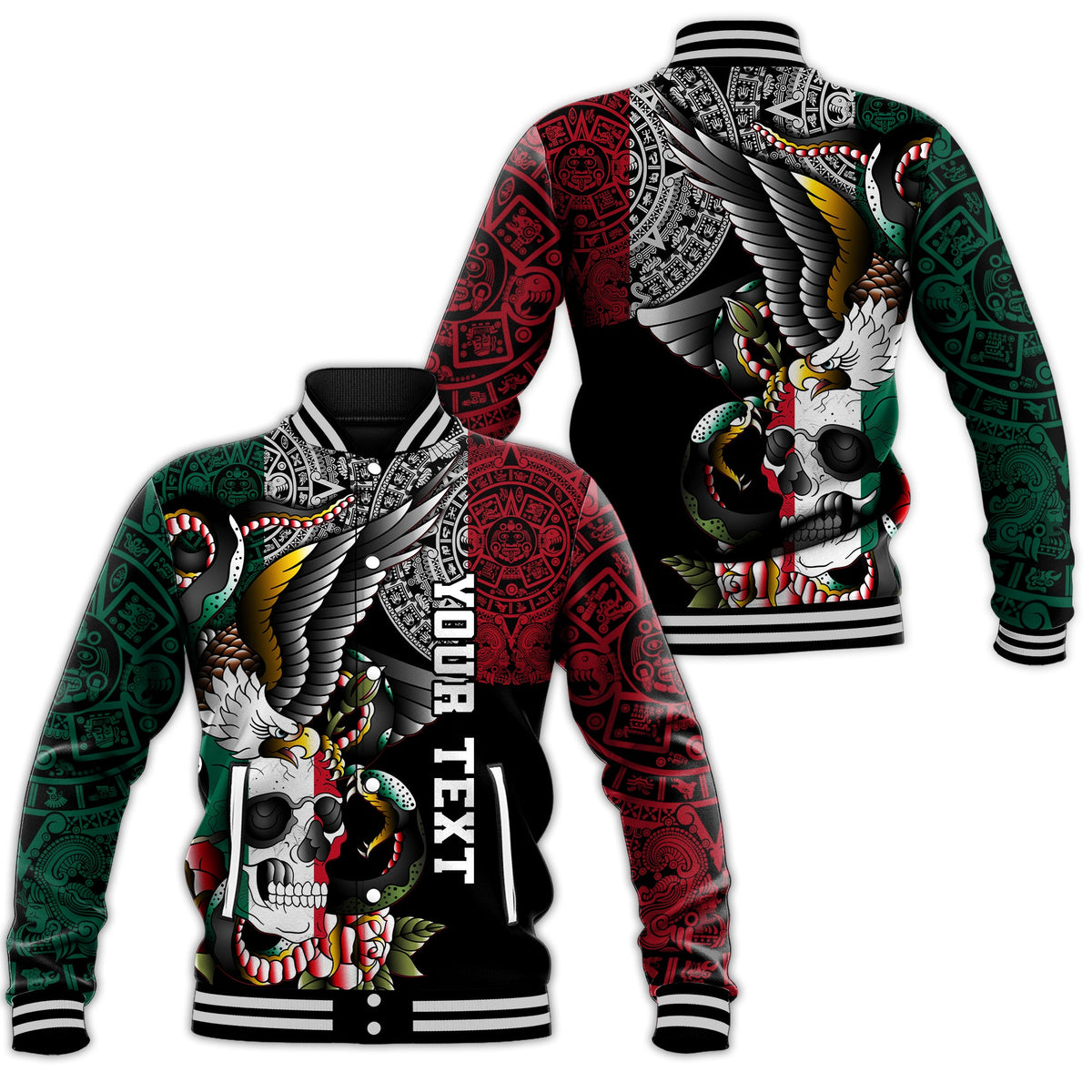 Black baseball jacket with colorful skull, eagle and snake graphic, ribbed collar and cuffs