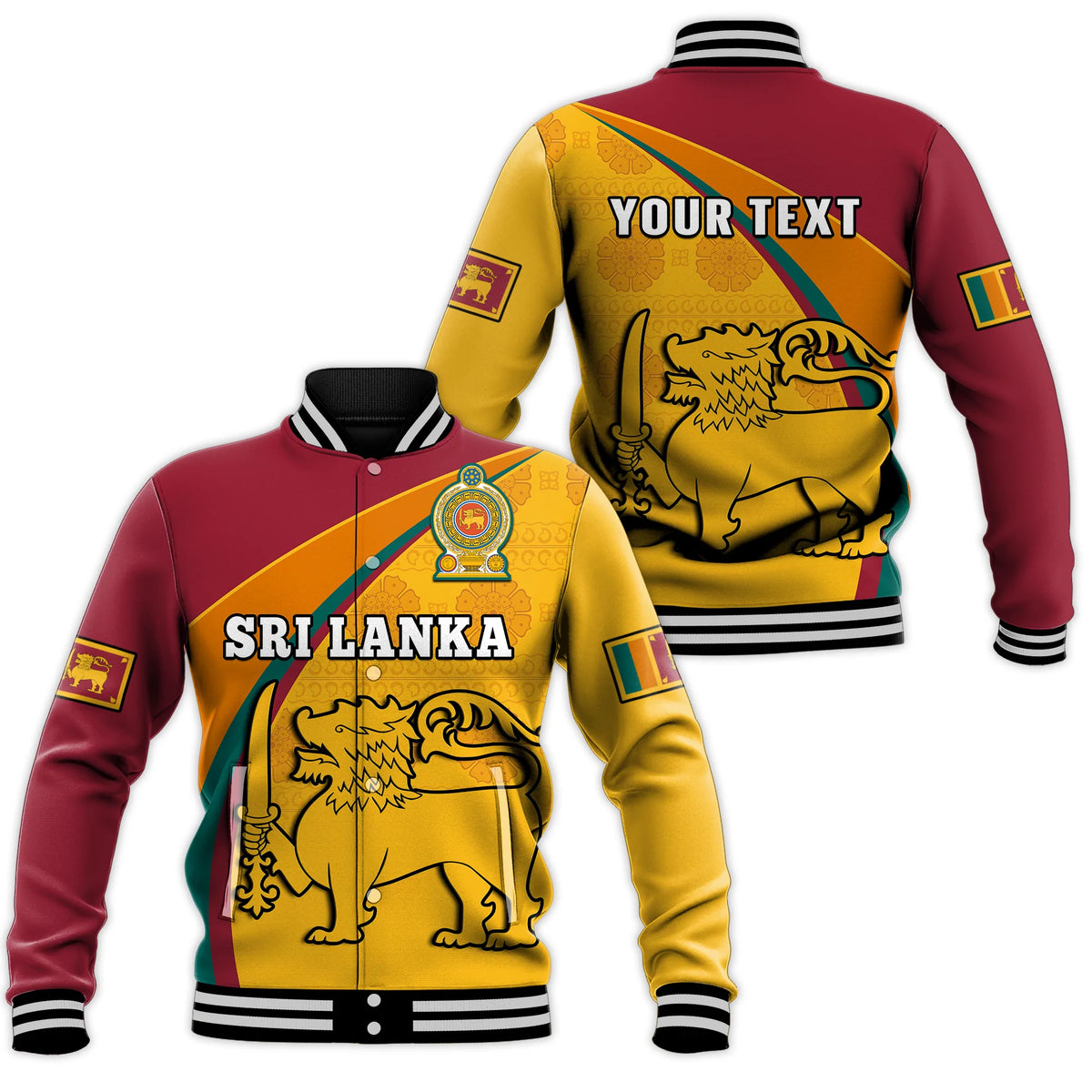 Red and gold baseball jacket with Sri Lanka crest, ribbed striped collar and cuffs