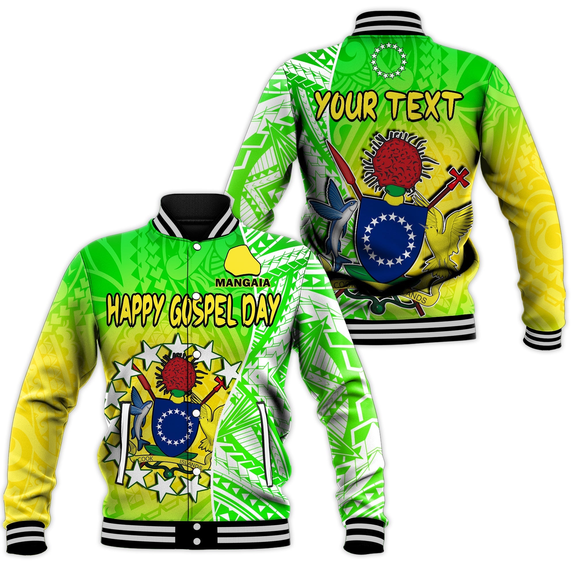 (Custom Personalised) Happy Mangaia Gospel Day Baseball Jacket Cook Islands Coat Of Arms Polynesian Pattern - Wonder Print Shop