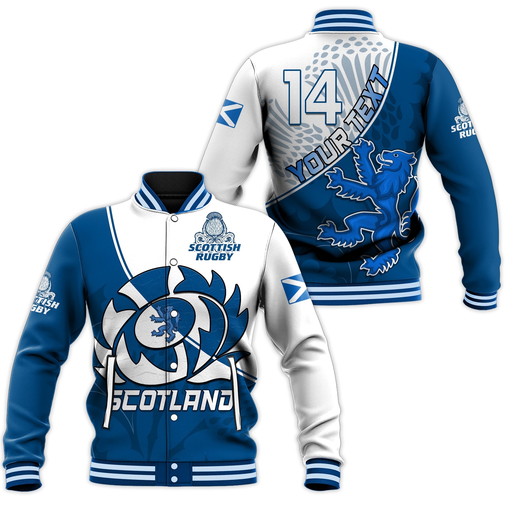 (Custom Text and Number) Scotland Rugby Baseball Jacket Scottish Coat Of Arms Mix Thistle Newest Version - Wonder Print Shop