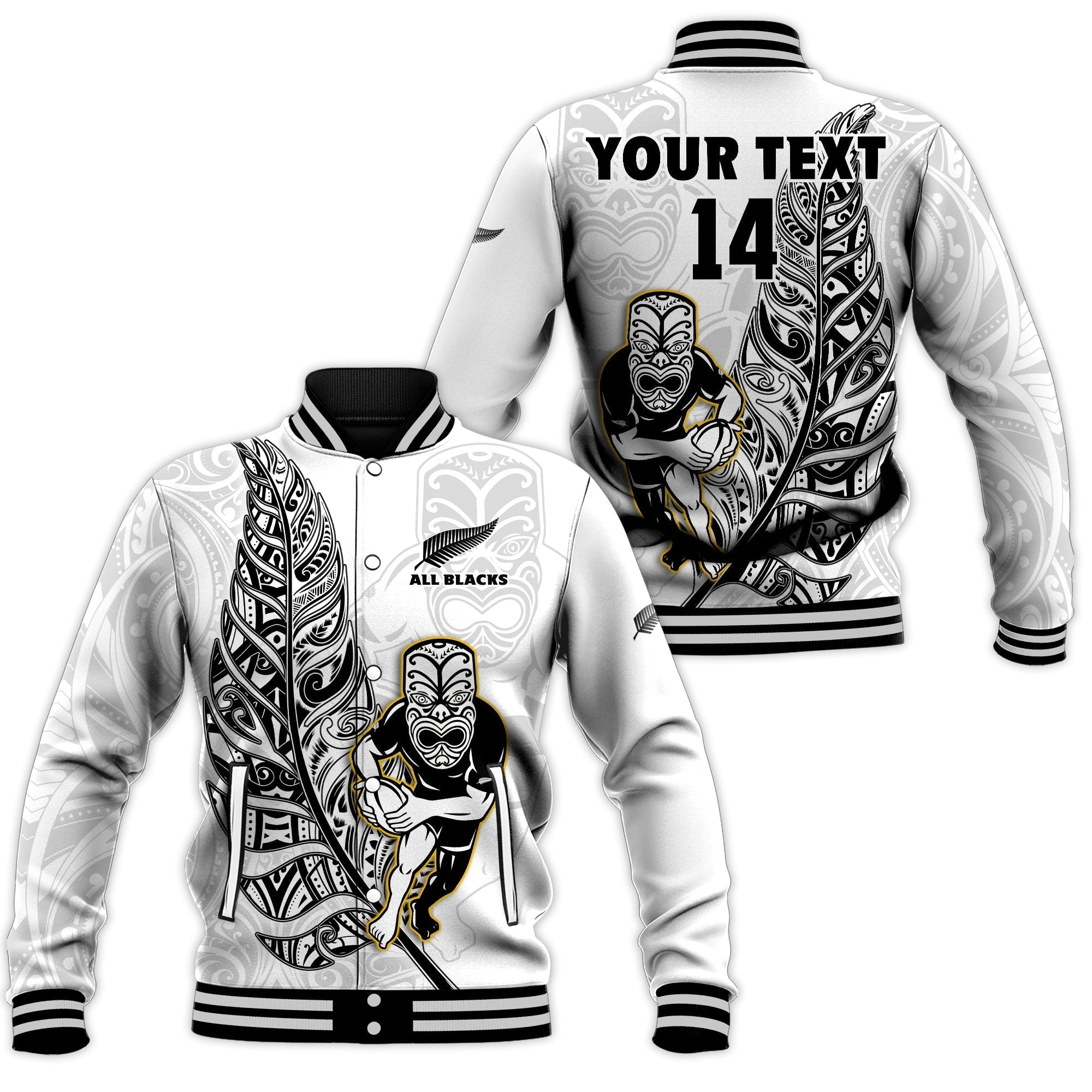 Custom Text And Number New Zealand 2022 Rugby Baseball Jacket All Black Silver Fern Maori Pattern Version White - Wonder Print Shop