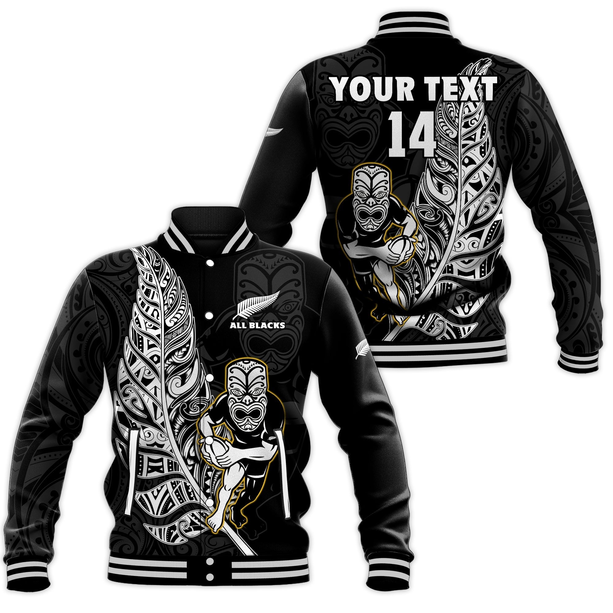 Custom Text And Number New Zealand 2022 Rugby Baseball Jacket All Black Silver Fern Maori Pattern Version Black - Wonder Print Shop