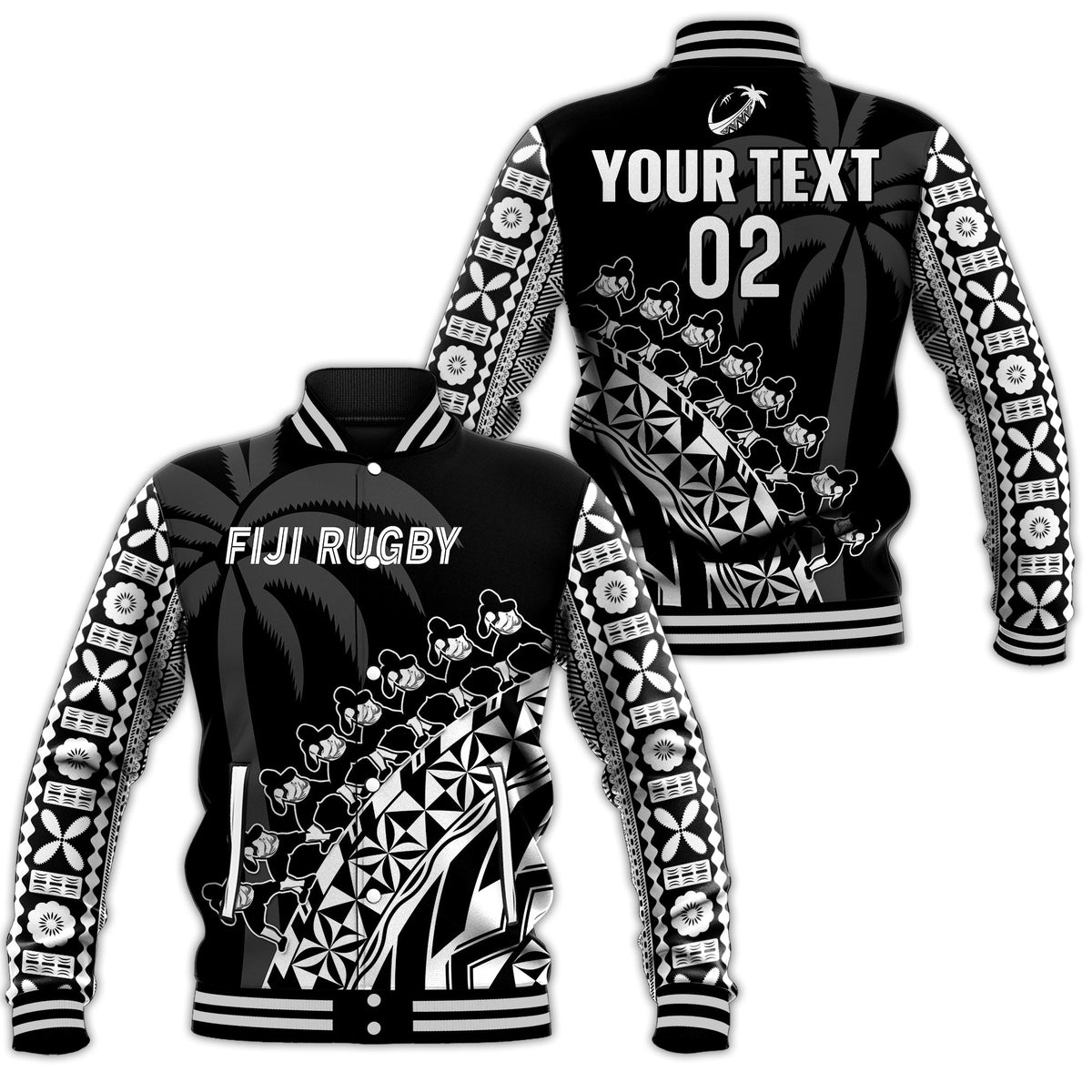 Black Fiji rugby jacket, front/back view, white tribal graphics, custom text