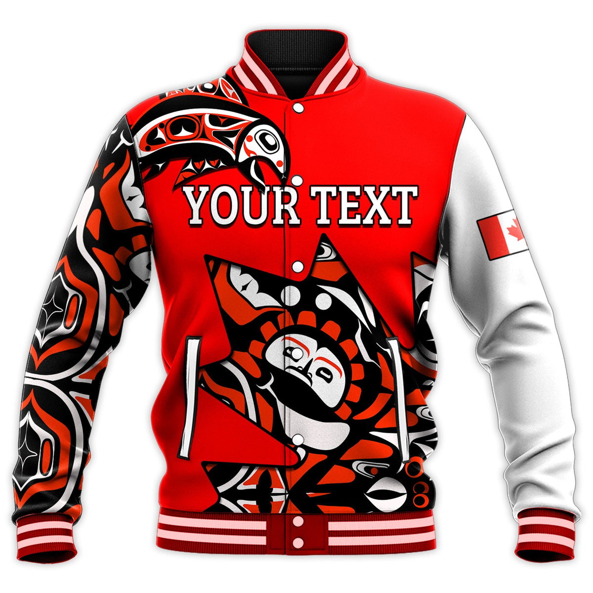 Red varsity baseball jacket front with Your Text design and Canada flag sleeve patch