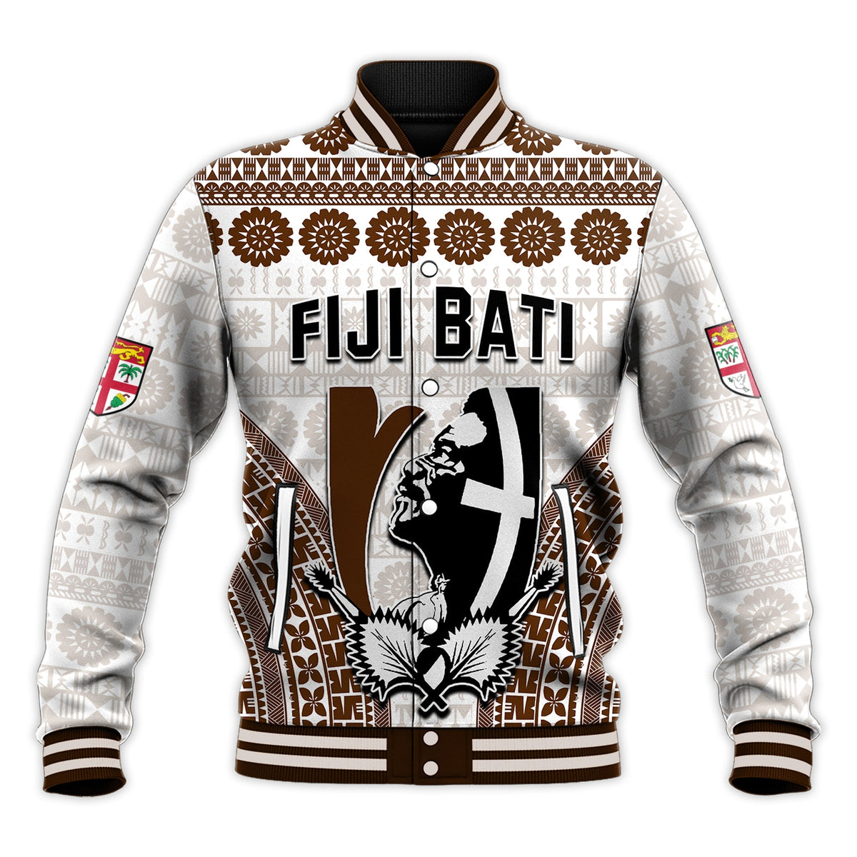 White baseball jacket with brown tapa pattern, ribbed collar/cuffs, front graphic