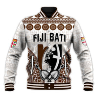 White baseball jacket with brown tapa pattern, ribbed collar/cuffs, front graphic