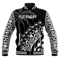 Black unisex varsity-style rugby jacket, full front tribal graphic and Fiji Rugby text