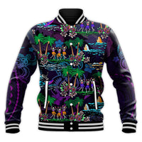 Purple Hawaiian baseball jacket with skeleton dancers graphic, floral accents, ribbed cuffs