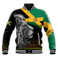 Black baseball jacket with lion face graphic, Jamaica pattern panels, striped rib cuffs