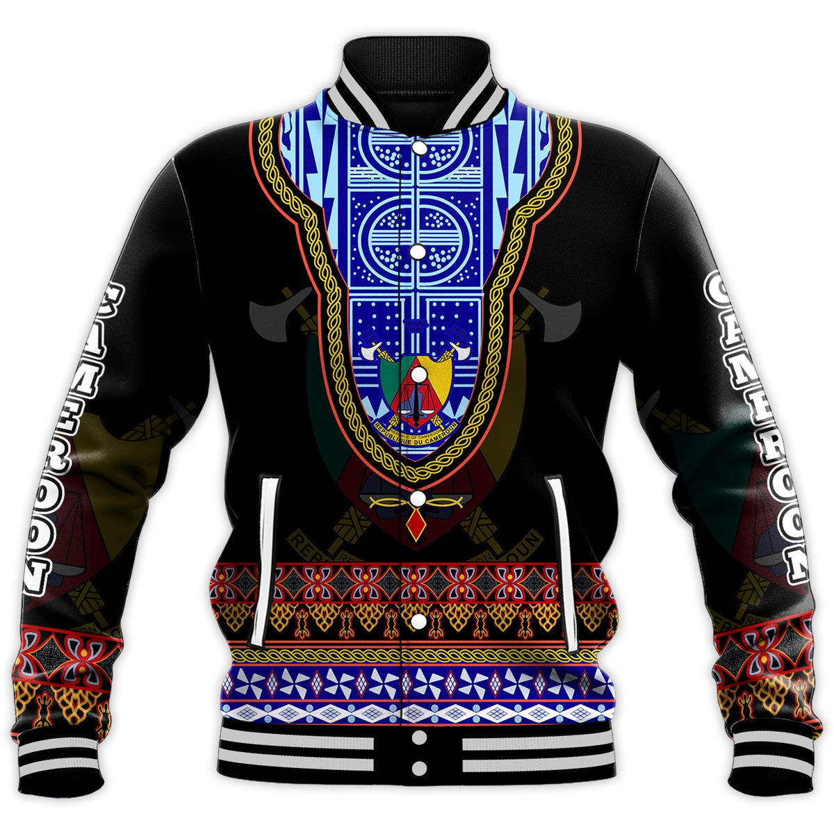 Unisex black baseball jacket with bold blue-and-gold crest pattern, front zip and ribbed cuffs