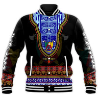 Unisex black baseball jacket with bold blue-and-gold crest pattern, front zip and ribbed cuffs