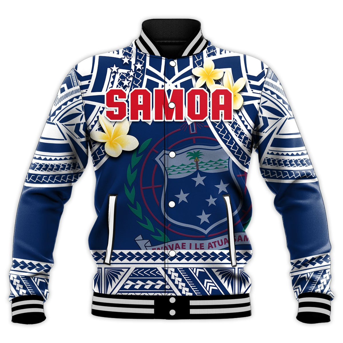 Blue Samoa baseball jacket, large red SAMOA logo, plumeria accents, ribbed cuffs