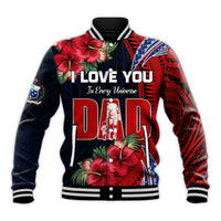 Navy and red baseball jacket, 'I LOVE YOU' and 'DAD' with floral tiki graphics