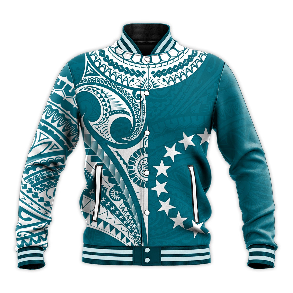 Blue front varsity baseball jacket with Cook Islands tatau crest, button placket, stars