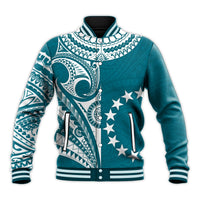 Blue front varsity baseball jacket with Cook Islands tatau crest, button placket, stars