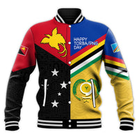 Front baseball jacket with bird emblem, 'Happy Torba/PNG Day' text, multicolor panels