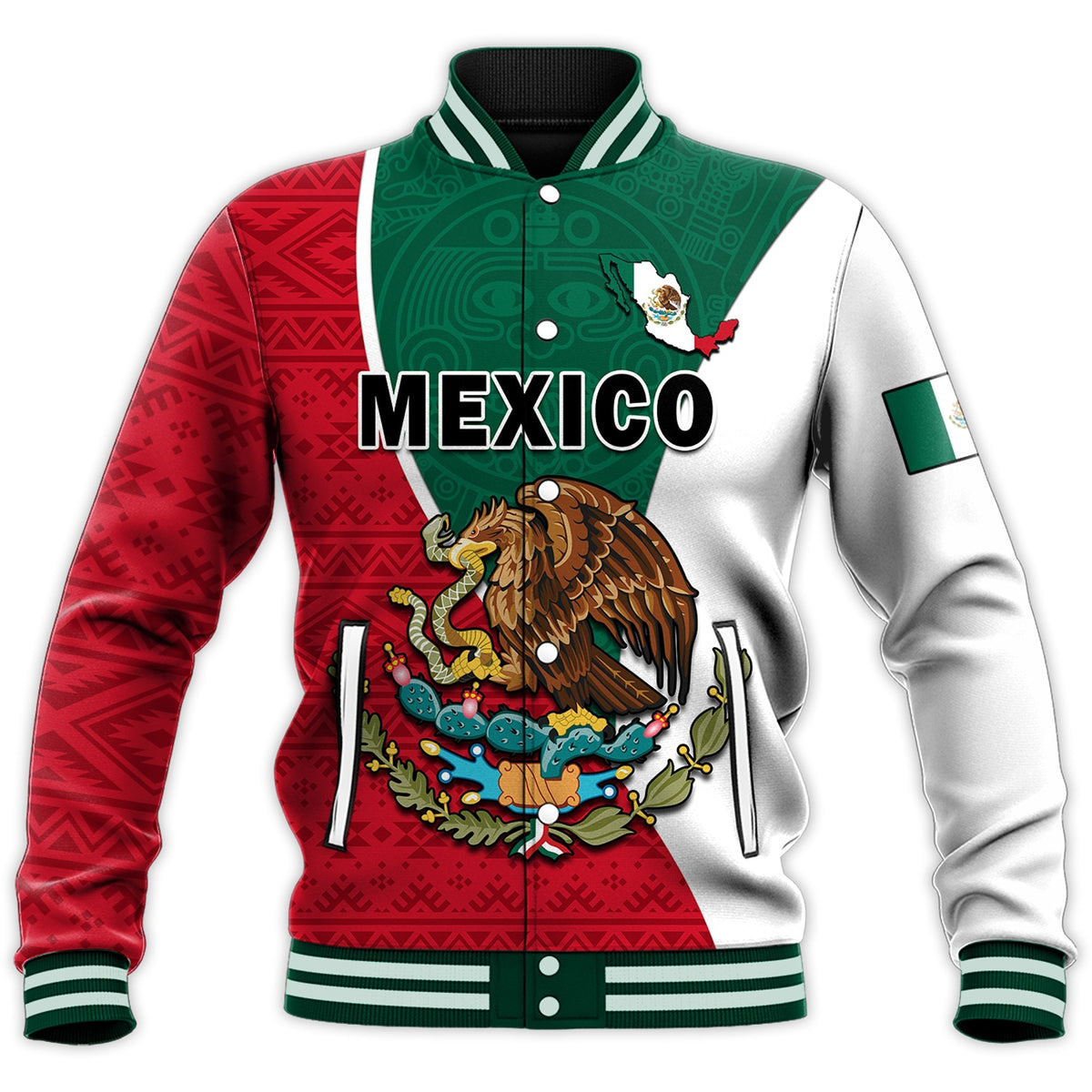 Red/green/white Mexico baseball jacket, Aztec pattern with eagle graphic and snap front