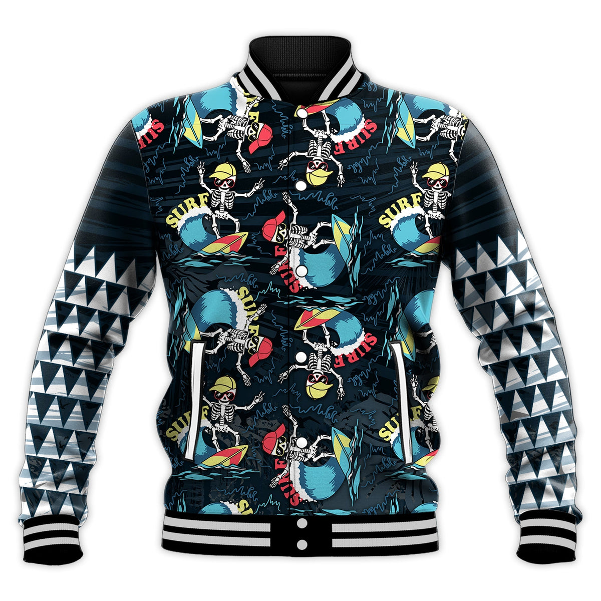Black surf skeleton baseball jacket with blue wave prints, striped sleeves