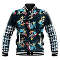 Black surf skeleton baseball jacket with blue wave prints, striped sleeves