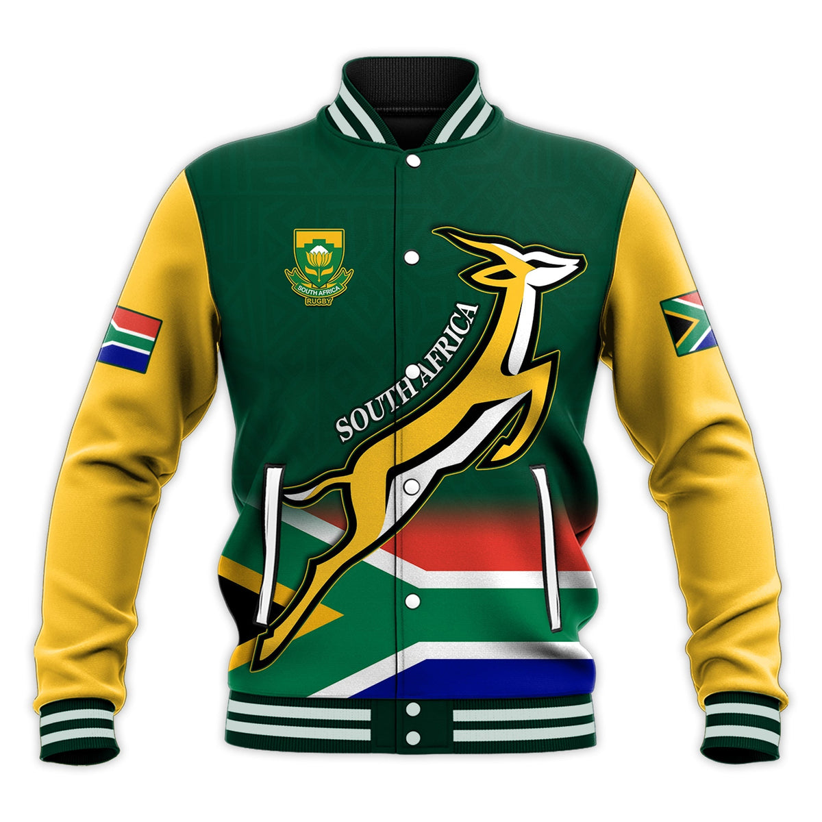 Green varsity baseball jacket front with springbok logo, SOUTH AFRICA print, striped ribbed hem