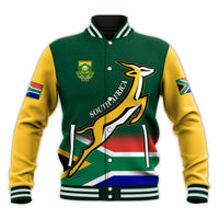 Green varsity baseball jacket front with springbok logo, SOUTH AFRICA print, striped ribbed hem