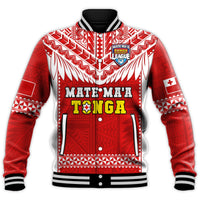 Red Tonga rugby baseball jacket, black ribbed collar, snap-front and bold chest graphic