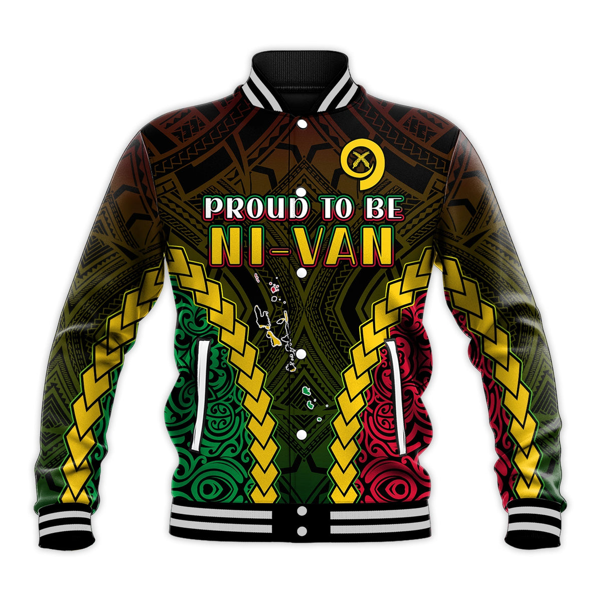 Black unisex baseball jacket with 'Proud to be NI-VAN' front print and striped cuffs
