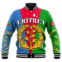 Unisex baseball jacket, red/blue/green design; ERITREA text with tree crest