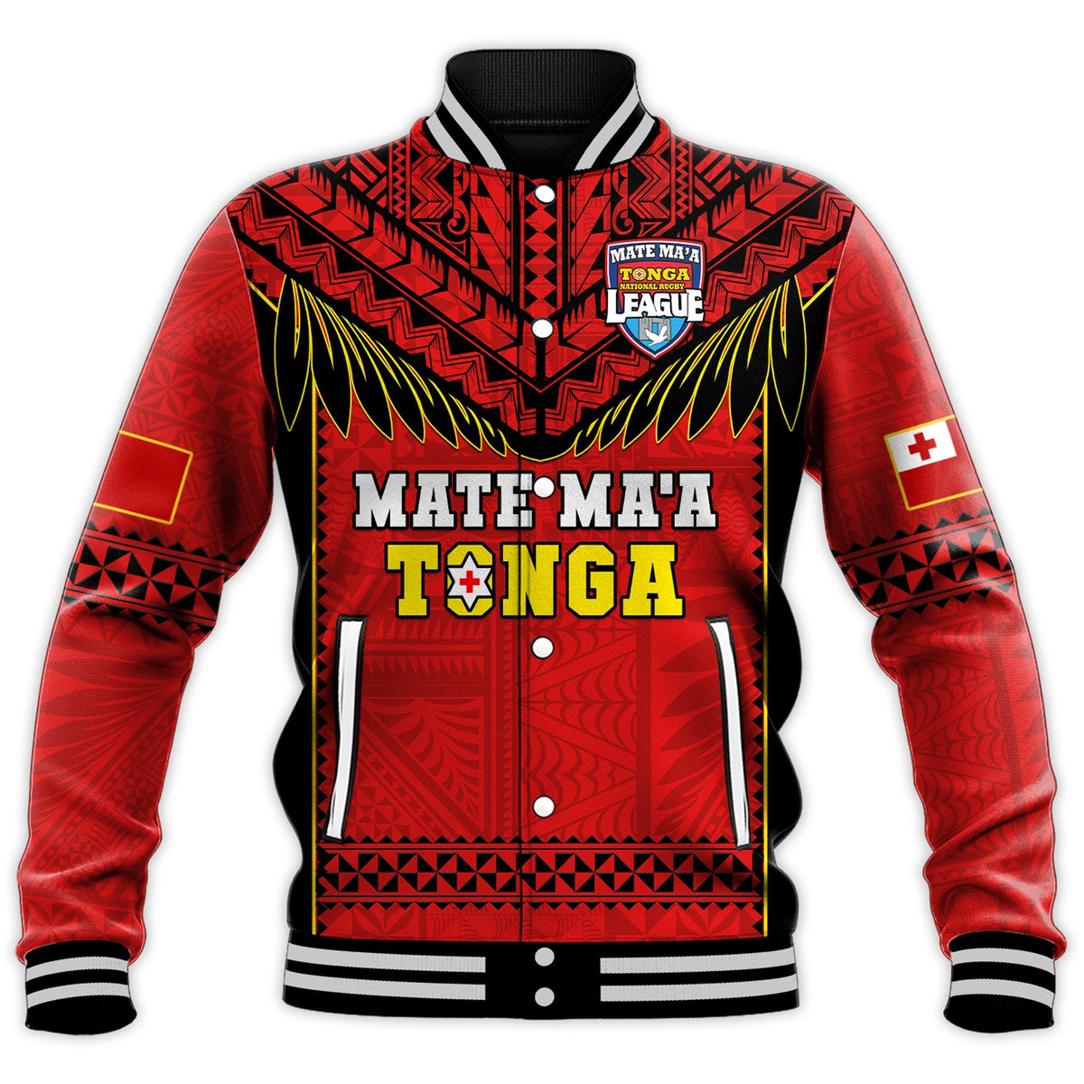 Red Tonga rugby baseball jacket, front varsity button placket and Mate Maa TONGA print