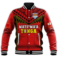 Red Tonga rugby baseball jacket, front varsity button placket and Mate Maa TONGA print