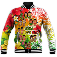 Unisex Aloha Poly Fest baseball jacket, red-to-green tropical graphic with front snap buttons